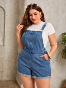 EMERY ROSE Plus Roll Hem Denim Overall Romper Without Tee Elegant Outfit - Medium Wash - View 2