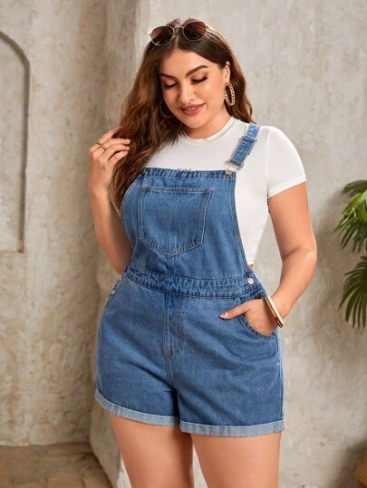 EMERY ROSE Quần áo denim có kích thước lớn Nút Túi màu trơn Giải trí