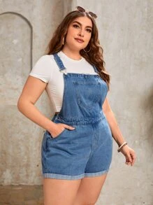 EMERY ROSE Plus Roll Hem Denim Overall Romper Without Tee Elegant Outfit - Medium Wash - View 4