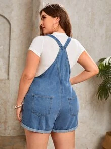 EMERY ROSE Plus Roll Hem Denim Overall Romper Without Tee Elegant Outfit - Medium Wash - View 5