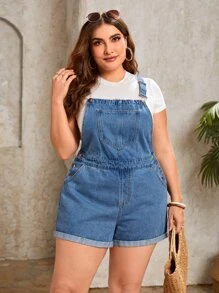 EMERY ROSE Plus Roll Hem Denim Overall Romper Without Tee Elegant Outfit - Medium Wash - View 1