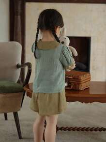 小女童拼接領泡泡袖上衣和短褲 - 綠色 - 查看 2