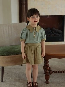 小女童拼接領泡泡袖上衣和短褲 - 綠色 - 查看 3