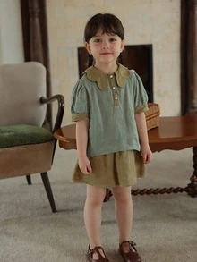 小女童拼接領泡泡袖上衣和短褲 - 綠色 - 查看 4