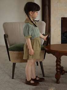 小女童拼接領泡泡袖上衣和短褲 - 綠色 - 查看 5