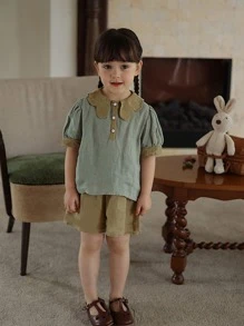 小女童拼接領泡泡袖上衣和短褲 - 綠色 - 查看 6