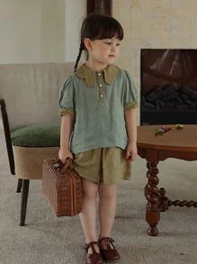 小女童拼接領泡泡袖上衣和短褲 - 綠色 - 查看 7