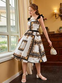 SHEIN Teen Girls Scarf Print Ruffle Trim Top & Skirt Set - Multicolor - View 5