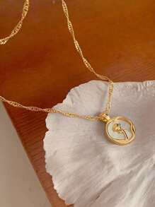 水鑽裝飾圓形吊墜項鍊 - 金黃色 - 查看 2