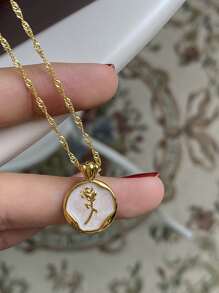 水鑽裝飾圓形吊墜項鍊 - 金黃色 - 查看 4