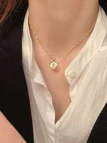 水鑽裝飾圓形吊墜項鍊 - 金黃色 - 查看 5