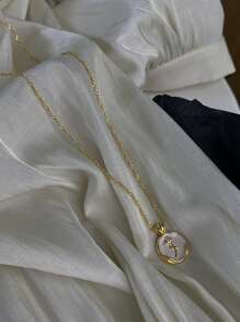 水鑽裝飾圓形吊墜項鍊 - 金黃色 - 查看 6