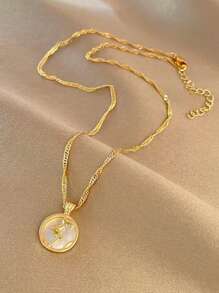 水鑽裝飾圓形吊墜項鍊 - 金黃色 - 查看 7