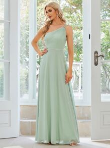EVERPRETTY Váy phù dâu bằng vải chiffon một vai thanh lịch - Màu xanh Bạc hà - Xem 3