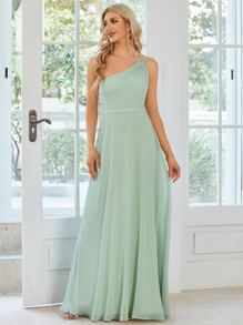EVERPRETTY Váy phù dâu bằng vải chiffon một vai thanh lịch - Màu xanh Bạc hà - Xem 4