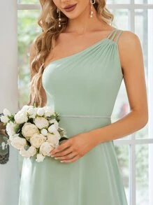 EVERPRETTY Váy phù dâu bằng vải chiffon một vai thanh lịch - Màu xanh Bạc hà - Xem 5