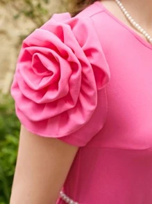 SHEIN Teen Girls Solid 3D Flower Dress Without Belt - Pink - View 5