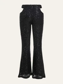 SHEIN ICON Quần ống loe Phương Tây Cô gái cao bồi Cắt bỏ eo Kim sa - màu đen - Xem 2