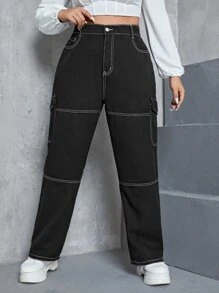 SHEIN EZwear Plus High Waist Top-stitching Flap Pocket Side Cargo Jeans - Black - View 2