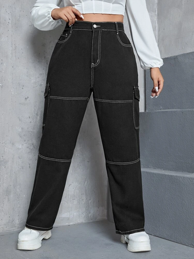 Plus High Waist Top-stitching Flap Pocket Side Cargo Jeans