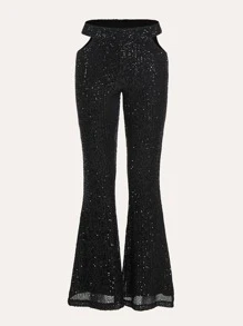 SHEIN ICON Quần ống loe Phương Tây Cô gái cao bồi Cắt bỏ eo Kim sa - màu đen - Xem 3