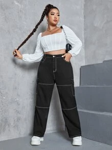 SHEIN EZwear Plus High Waist Top-stitching Flap Pocket Side Cargo Jeans - Black - View 3