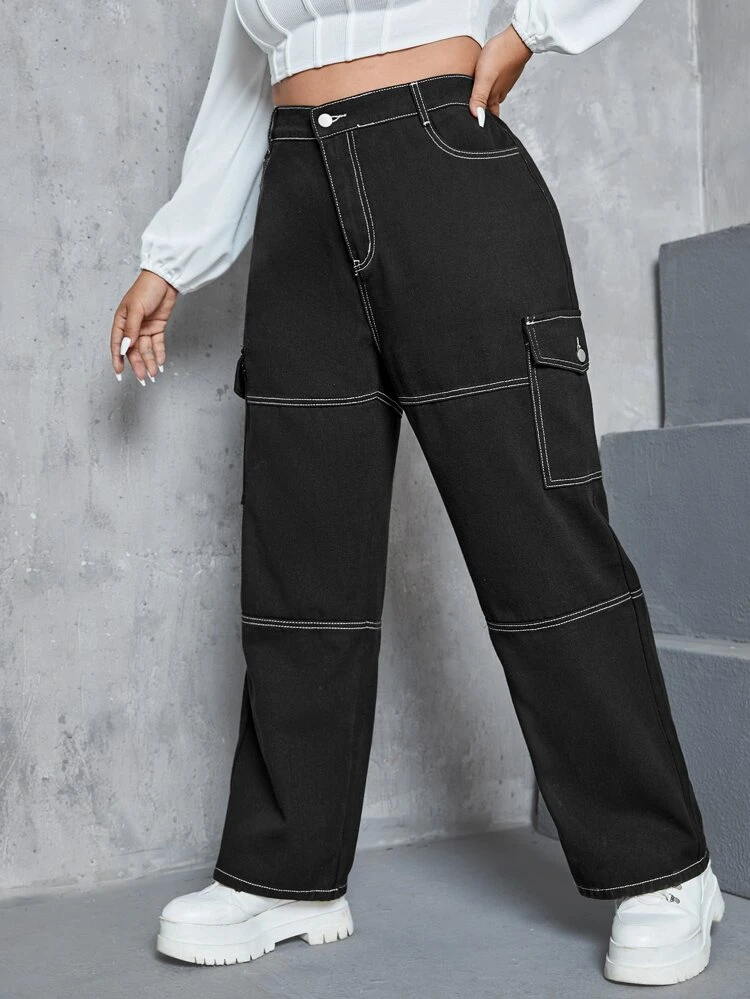 Plus High Waist Top-stitching Flap Pocket Side Cargo Jeans