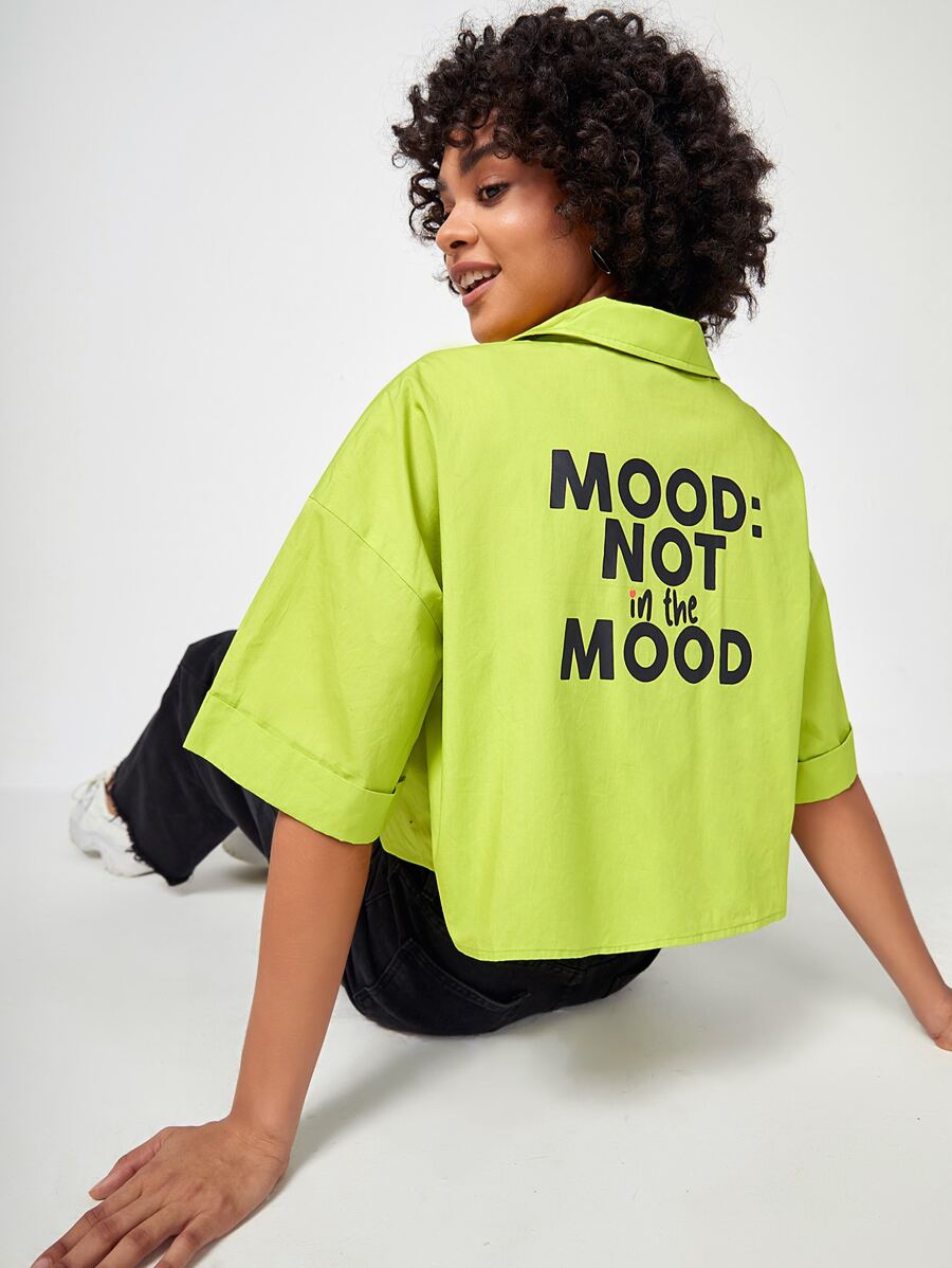 NOPE Slogan Graphic Drop Shoulder Shirt - Lime Green - View 1