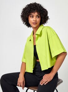 NOPE Slogan Graphic Drop Shoulder Shirt - Lime Green - View 2