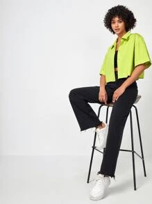 NOPE Slogan Graphic Drop Shoulder Shirt - Lime Green - View 4