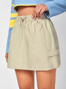 Basse Couture Drawstring Waist Slant Pocket Skirt - Khaki - View 1