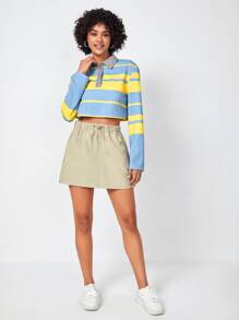 Basse Couture Drawstring Waist Slant Pocket Skirt - Khaki - View 3