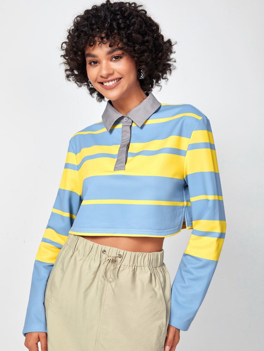 Basse Couture Striped Print Polo Neck Crop Tee - Multicolor - View 1