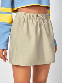 Basse Couture Drawstring Waist Slant Pocket Skirt - Khaki - View 4