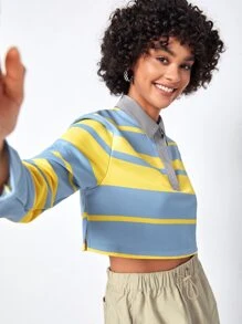 Basse Couture Striped Print Polo Neck Crop Tee - Multicolor - View 5