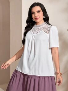 Modelyn Plus Guipure Lace Insert Puff Sleeve Blouse - White - View 2