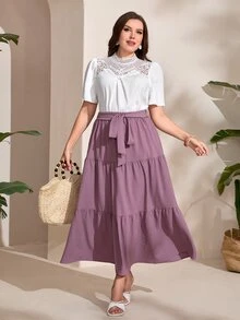 Modelyn Plus Guipure Lace Insert Puff Sleeve Blouse - White - View 5