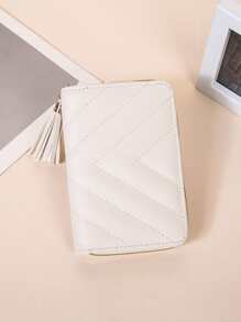 人字形绗缝长款钱包 带绒球饰物 支票簿封面 包 礼品 女士钱包 - 米色 - 查看 2