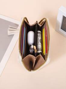 人字形绗缝长款钱包 带绒球饰物 支票簿封面 包 礼品 女士钱包 - 米色 - 查看 6