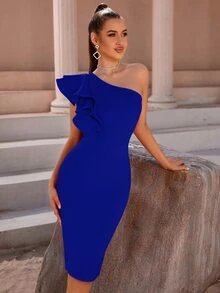 ADYCE One Shoulder Exaggerated Ruffle Trim Split Back Bodycon Bandage Wedding Dress - Blue - View 4