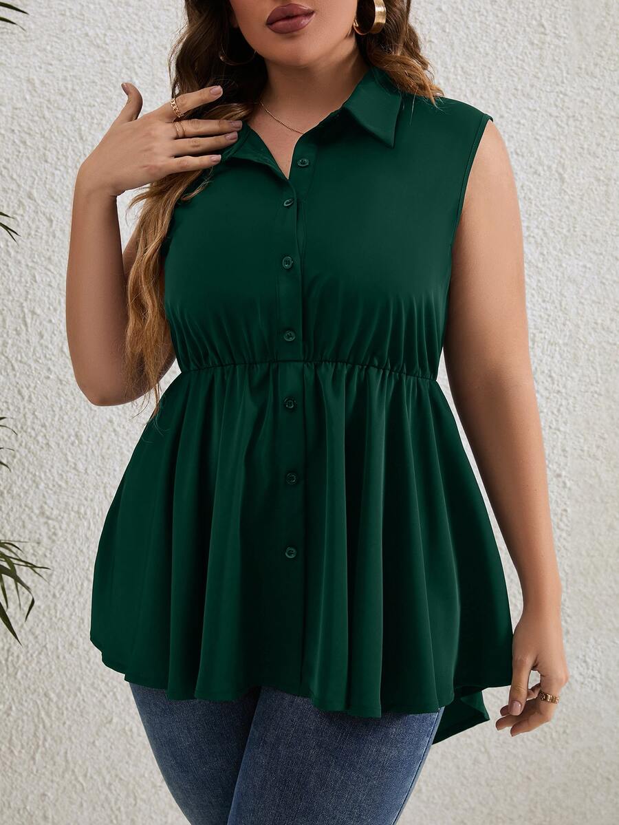 SHEIN LUNE Plus Button Front Peplum Shirt - Dark Green - View 1