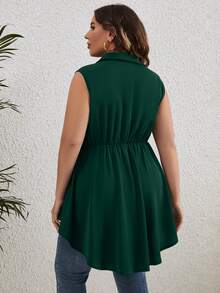 SHEIN LUNE Plus Button Front Peplum Shirt - Dark Green - View 2