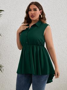 SHEIN LUNE Plus Button Front Peplum Shirt - Dark Green - View 3