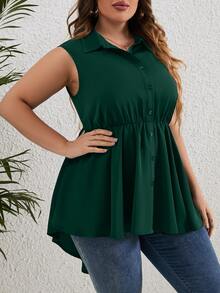 SHEIN LUNE Plus Button Front Peplum Shirt - Dark Green - View 4