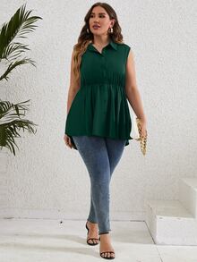 SHEIN LUNE Plus Button Front Peplum Shirt - Dark Green - View 5