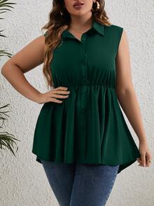 SHEIN LUNE Plus Button Front Peplum Shirt - Dark Green - View 6