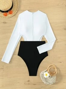 Swim SPRTY Two Tone Cut Out Waist Zip Front One Piece Swimsuit,Summer Beach - Black and White - View 3