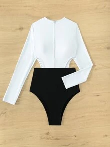 Swim SPRTY Two Tone Cut Out Waist Zip Front One Piece Swimsuit,Summer Beach - Black and White - View 4
