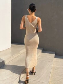 DAZY Chất rắn Đồ đan Ribbed Váy len ba lô - Màu be - Xem 2