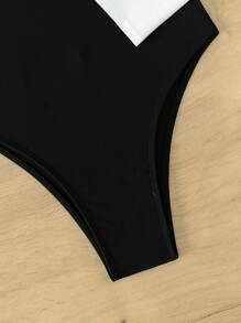 Swim SPRTY Two Tone Cut Out Waist Zip Front One Piece Swimsuit,Summer Beach - Black and White - View 6